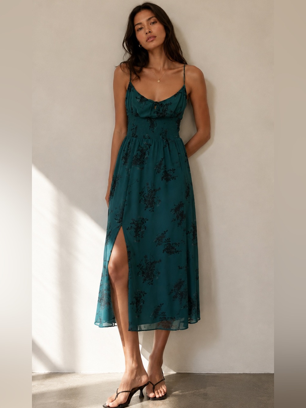 Aritzia Wilfred Genoa Floral Print Chiffon Dress in Teal